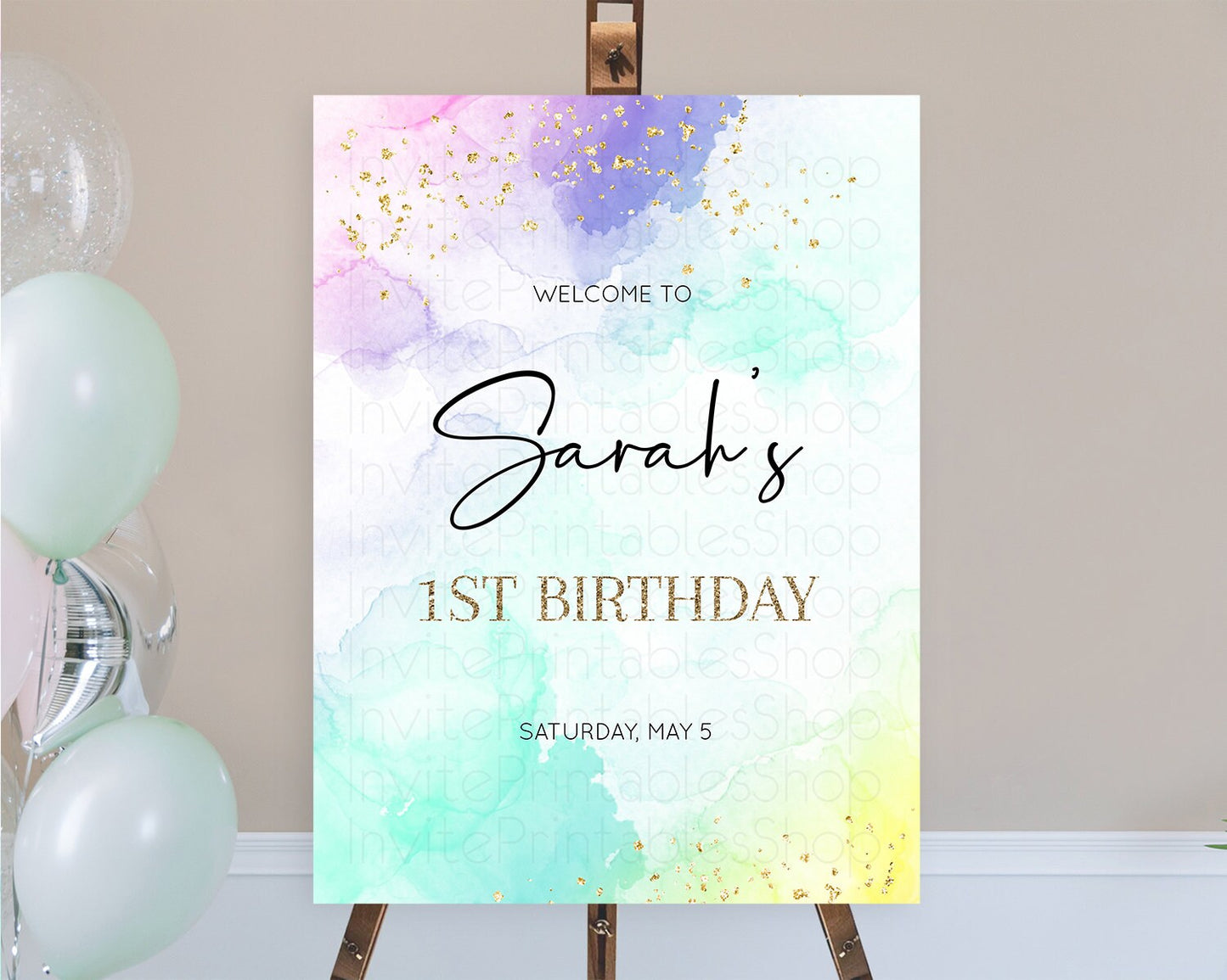 Pastel Welcome Sign Pastel Rainbow Welcome Sign Colorful Rainbow Confetti Watercolor Glitter Pastel First Birthday Welcome Sign D10158