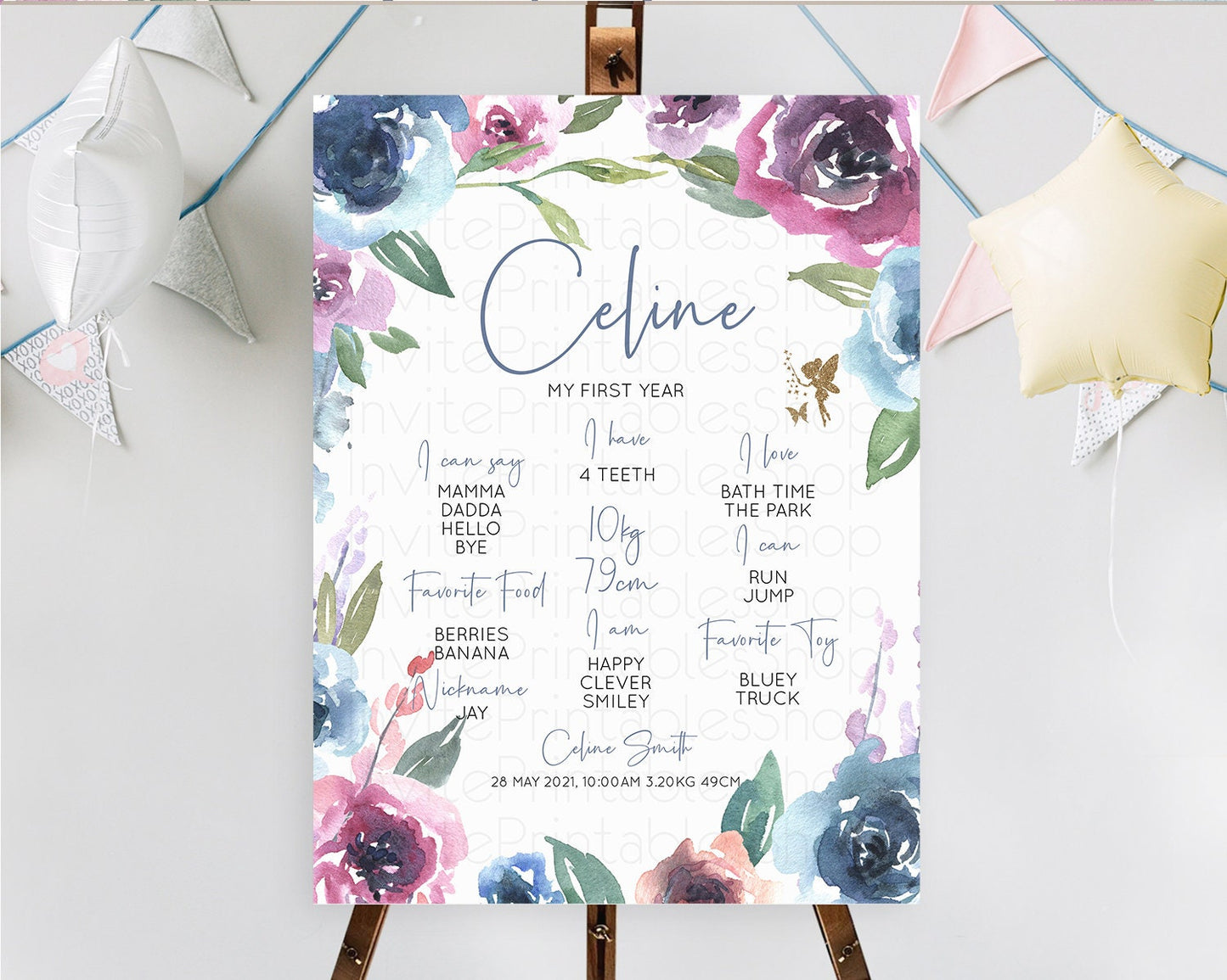 Fairy First Birthday Milestone Poster Fairy Secret Garden Milestone Board Enchanted Garden Pastel Floral Butterfly 1st Birthday Sign D10188