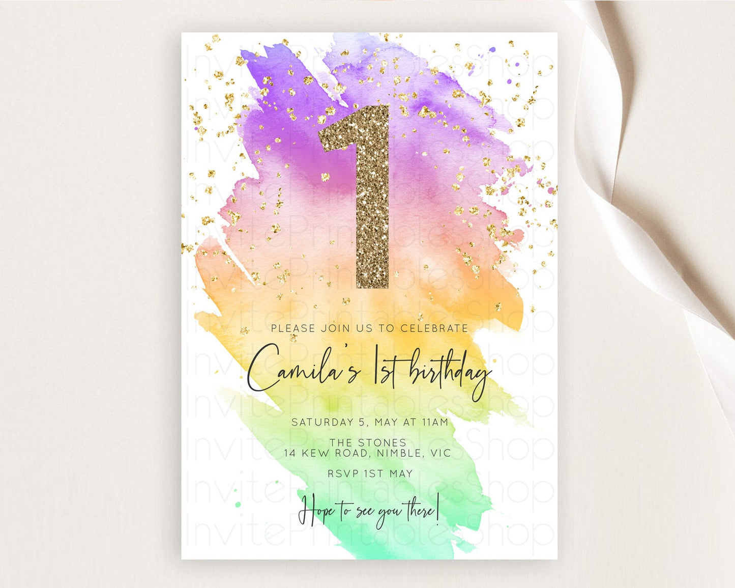 Rainbow Birthday Invitation Colorful Pastel Watercolor Invitation Gold Glitter Sprinkles Ombre Pastel 1st 2nd 3rd Birthday D10518