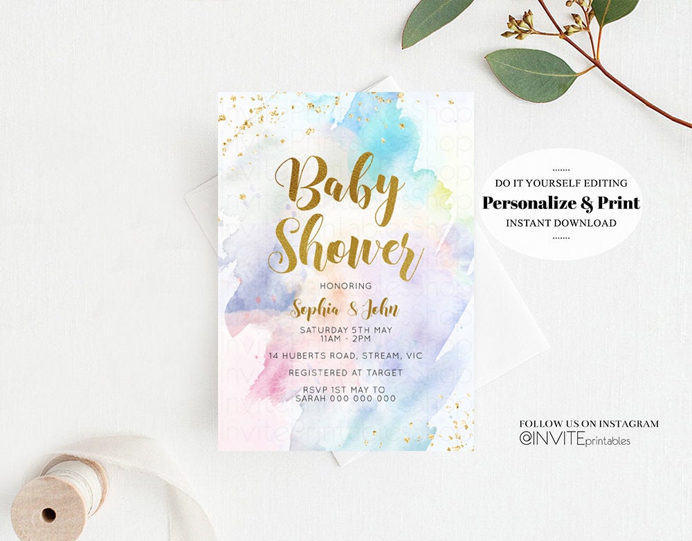 Rainbow Baby Shower Invitation Watercolor Pastel Invitation Colorful Splash Baby Invite Gold Glitter Sprinkles Ombre Gender Reveal