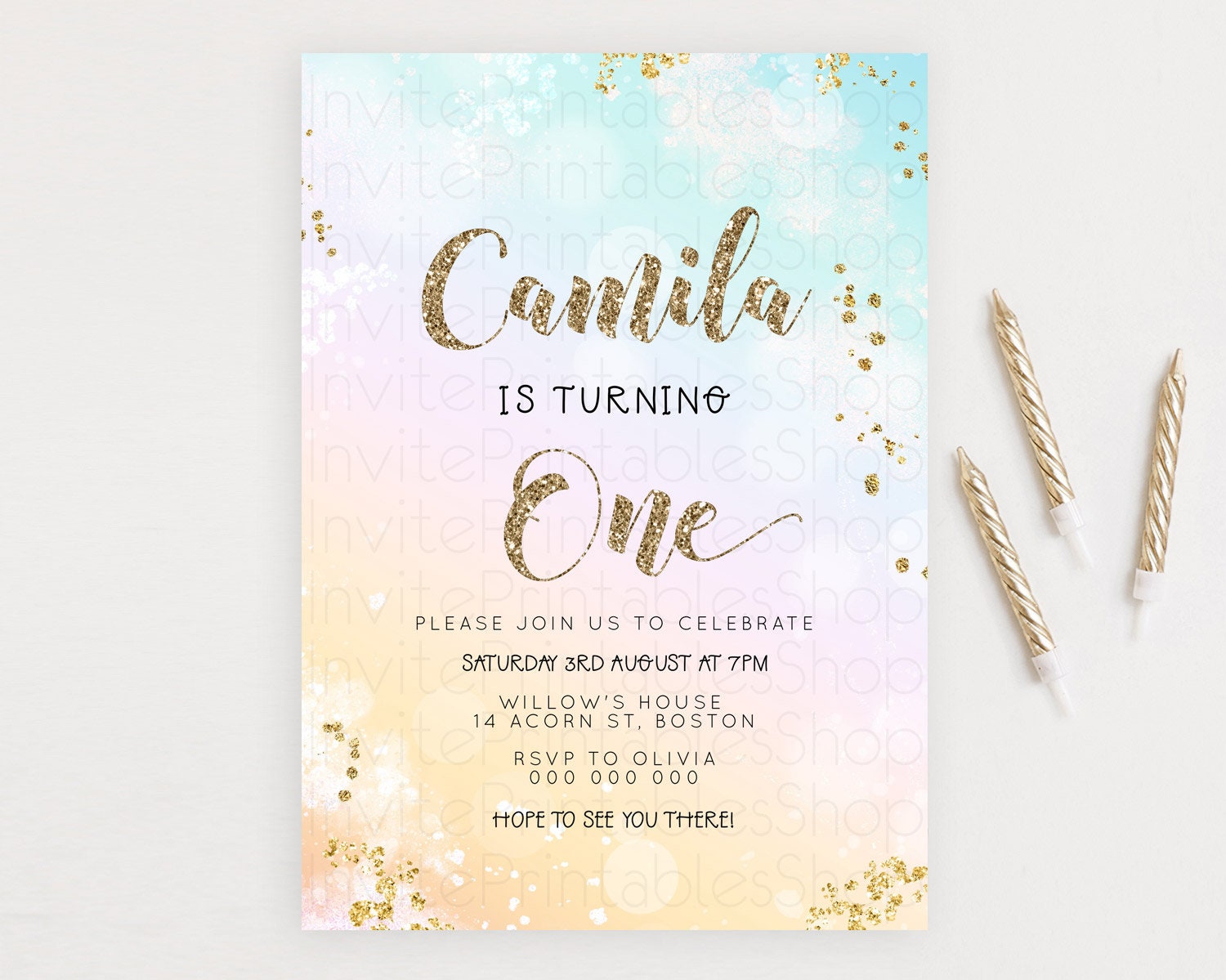 Editable Rainbow Birthday Invitation Colorful Pastel Watercolor Invitation G