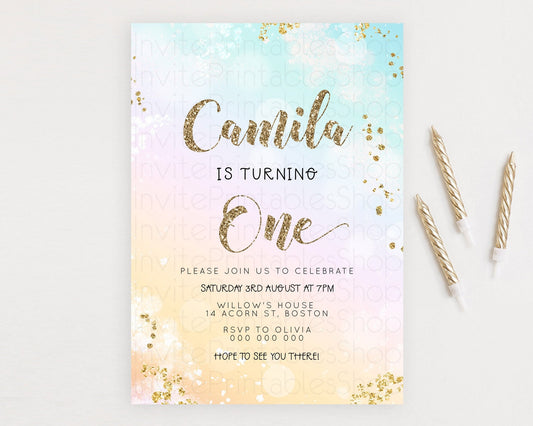 Editable Rainbow Birthday Invitation Colorful Pastel Watercolor Invitation G