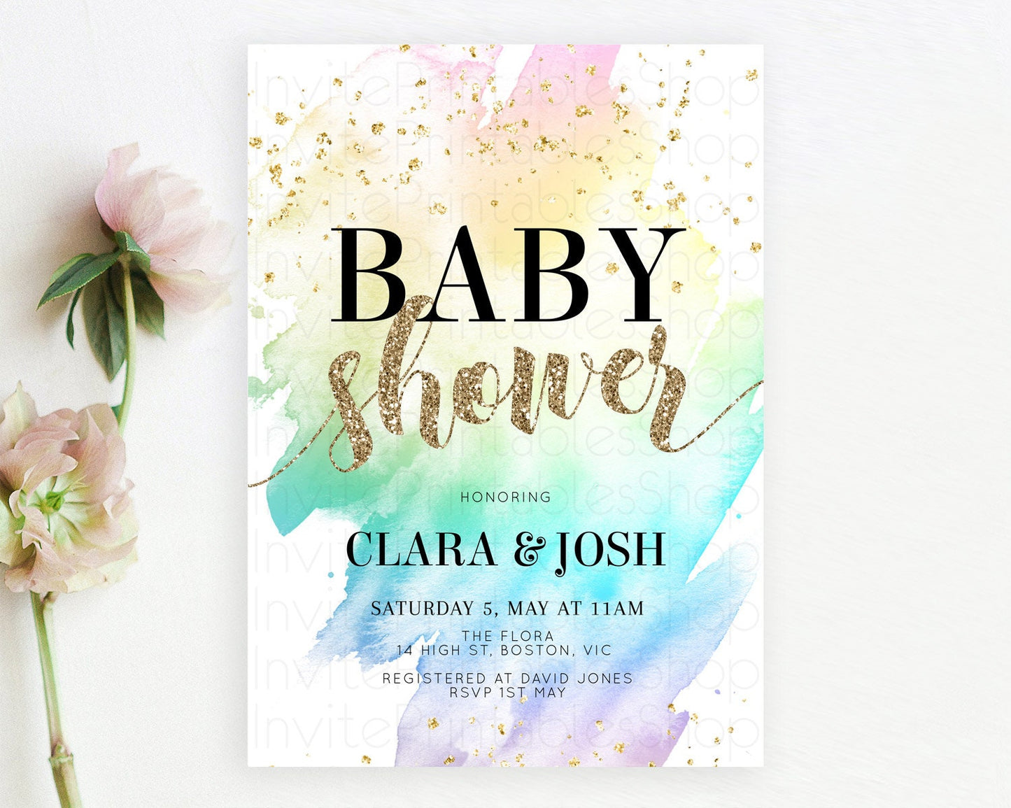 Pastel Baby Shower Invitation Rainbow Baby Shower Invitation Colorful Pastel Watercolor Invitation Gold Glitter Sprinkles Ombre D10259