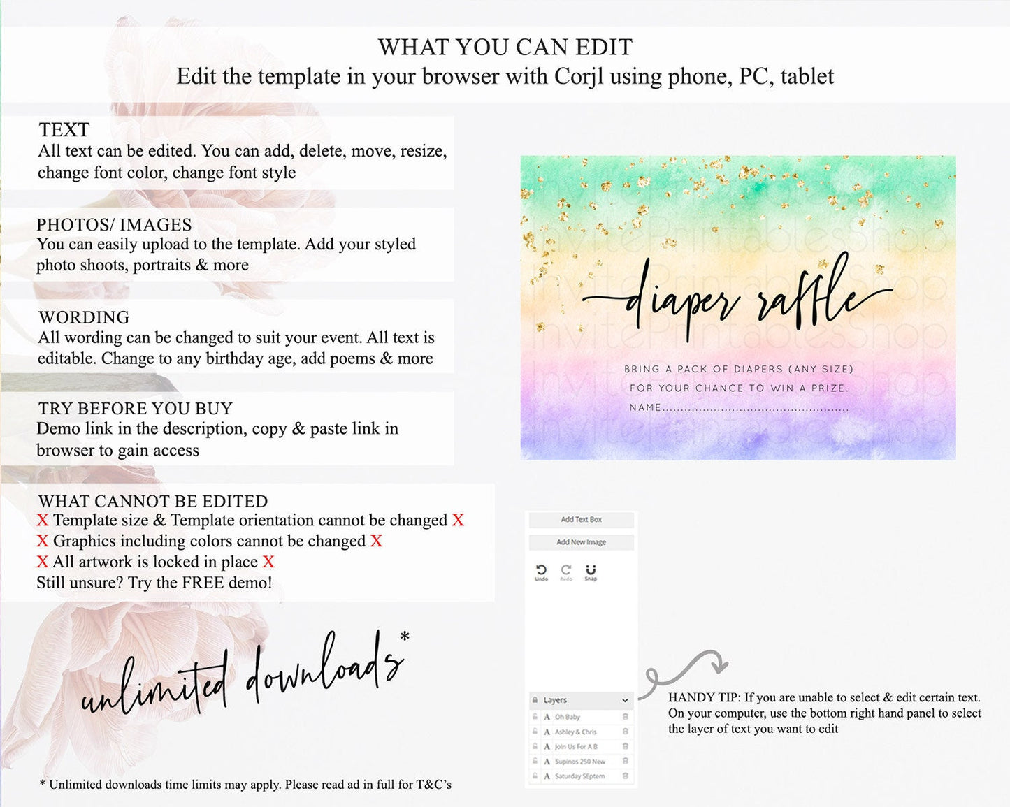 Pastel Diaper Raffle Card Pastel Rainbow Diaper Raffle Insert Colorful Ombre Watercolor Diaper Ticket Confetti Glitter Raffle Game D10485