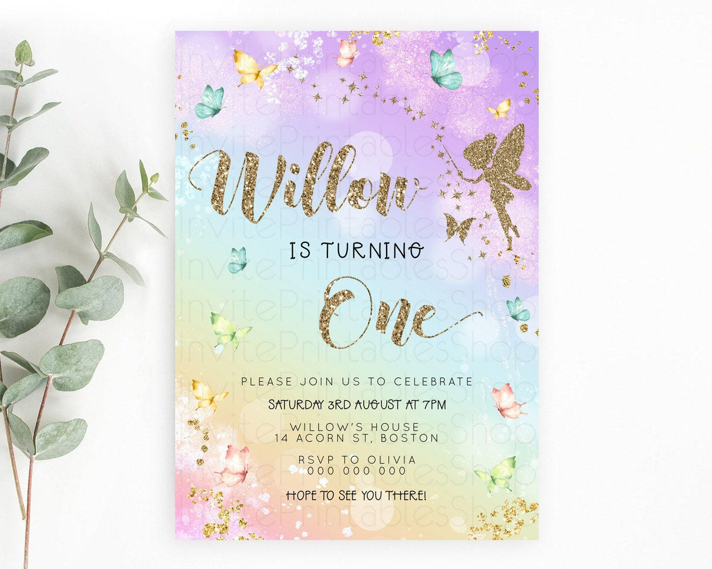 Pastel Fairy Birthday Invitation Pastel Butterflies Fairy Birthday Invitation Rainbow Ombre Watercolor 1st 2nd Birthday Invitation D23161