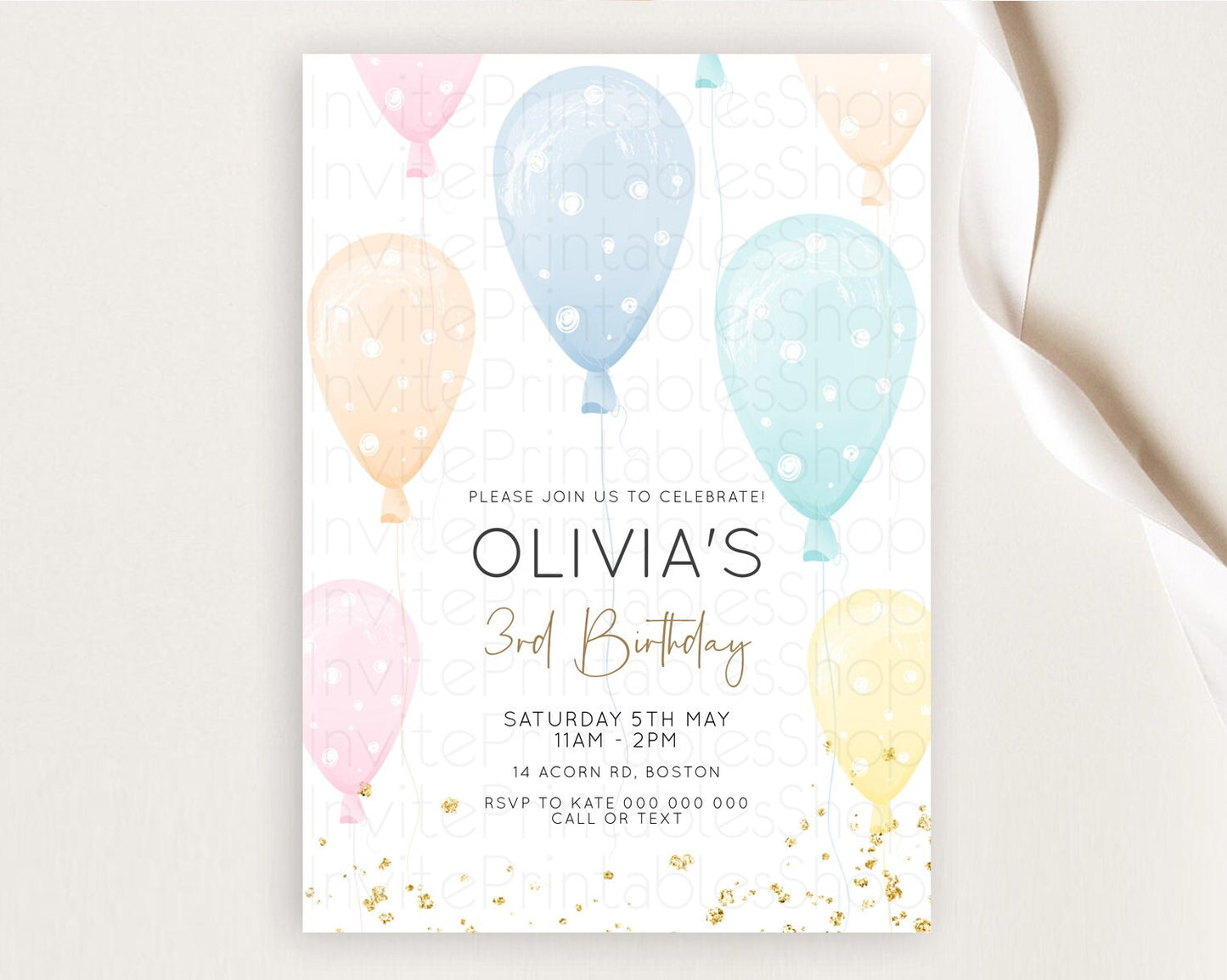 Pastel Balloon Birthday Invitation Rainbow Colorful Glitter Sprinkles Confetti Watercolor Balloons Pink Blue Green Yellow Editable D10776