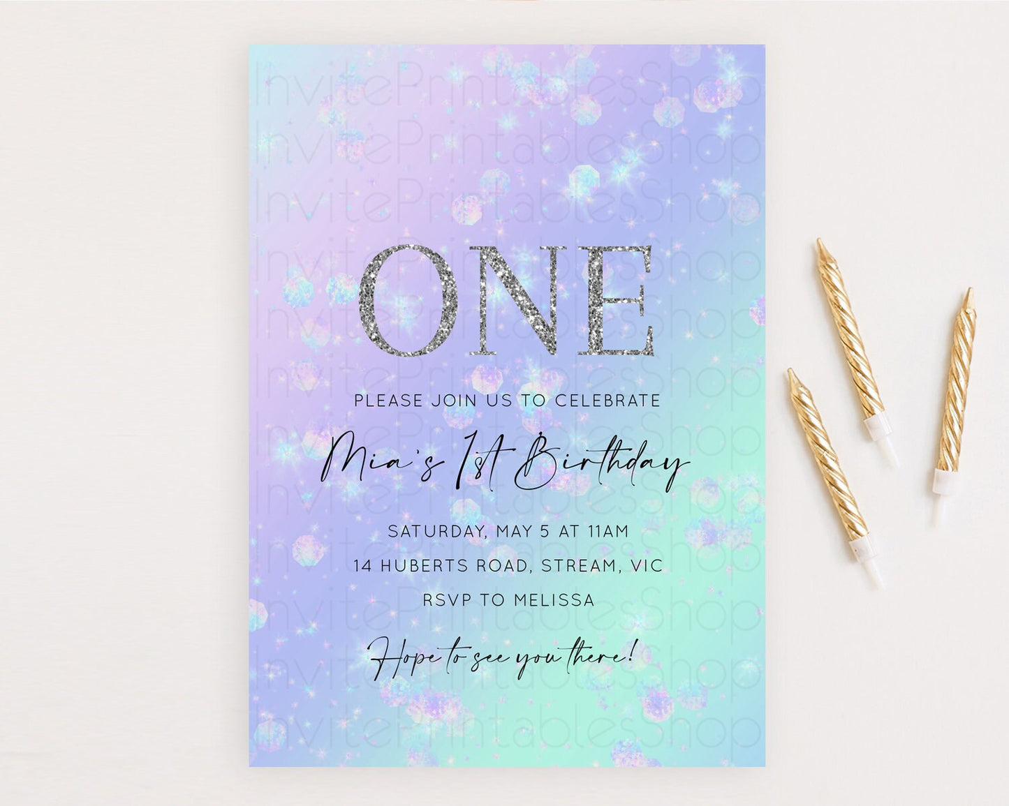 Rainbow Birthday Invitation Colorful Pastel Watercolor Iridescent Glitter Sprinkles Ombre Pastel Invitation 1st 2nd First Birthday D10663