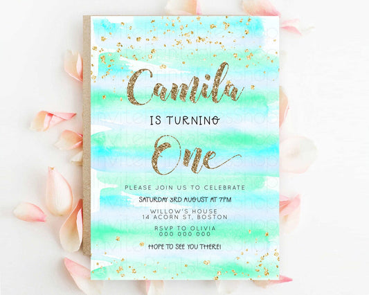 Blue Birthday Invitation Blue Watercolor Invitation Pastel Blue Watercolor Invitation Blue Splash Gold Invitation 1st First Birthday D23267