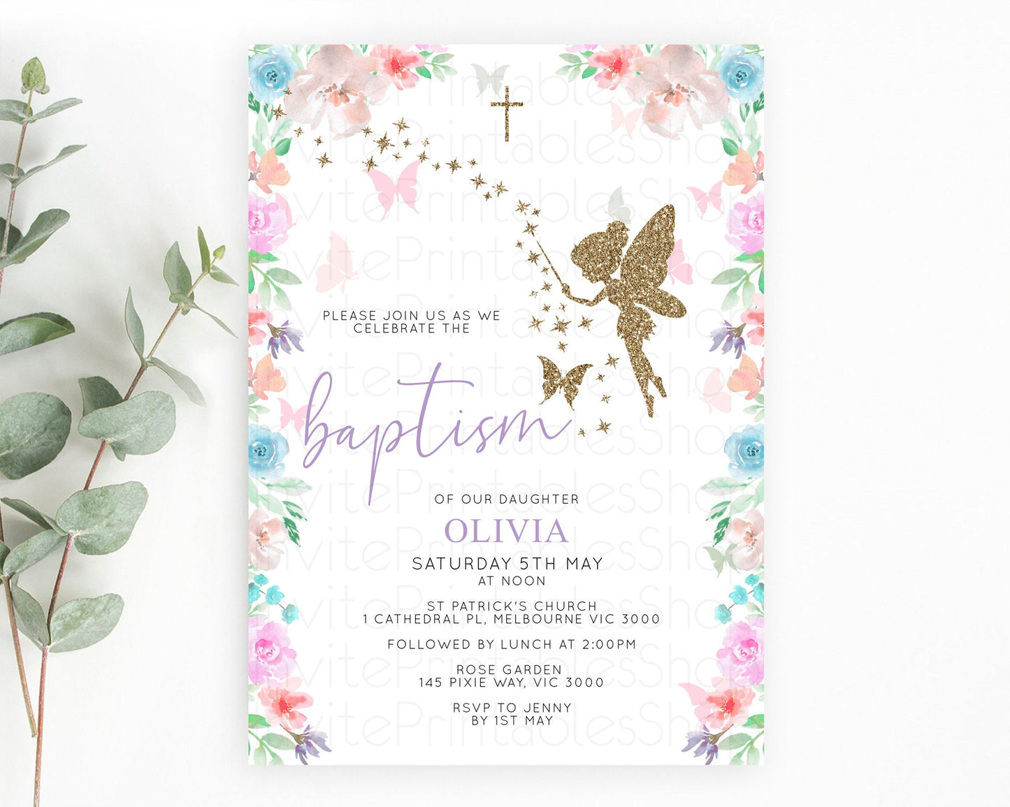 Fairy Baptism Invitation Fairy Baptism 1st Birthday Invitation Enchanted Secret Garden Christening Invite Pastel Floral Butterfly D10126