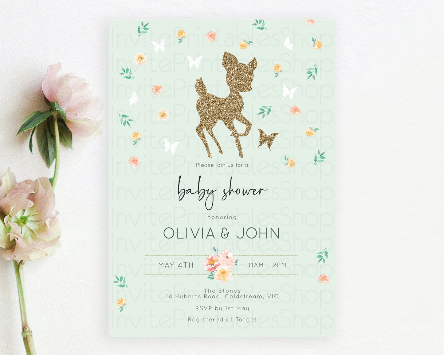 Fawn Baby Shower Invitation, Enchanted Forest Theme Glitter Deer, Butterflies, Pastel Flowers - Whimsical Floral Orange, Green D10385