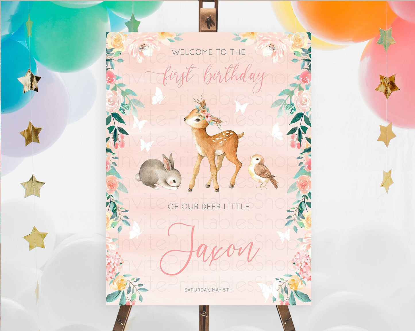 Fawn Welcome Sign Deer Welcome Board Floral Deer Welcome Poster Enchanted Forest Butterfly Pastel Floral First Birthday Welcome Sign D10921