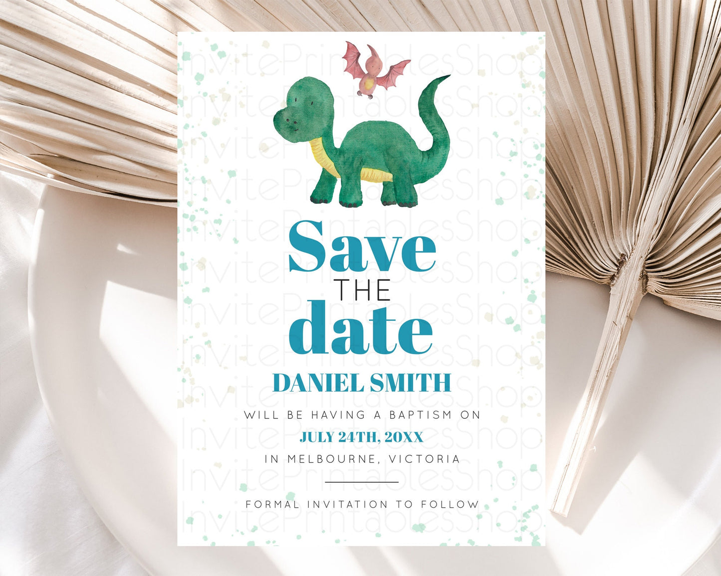 Dinosaur Save The Date Template Dinosaur Volcano Watercolor Volcano T-Rex Raptor Jurassic Party 1st Birthday Baptism Baby Shower D10153