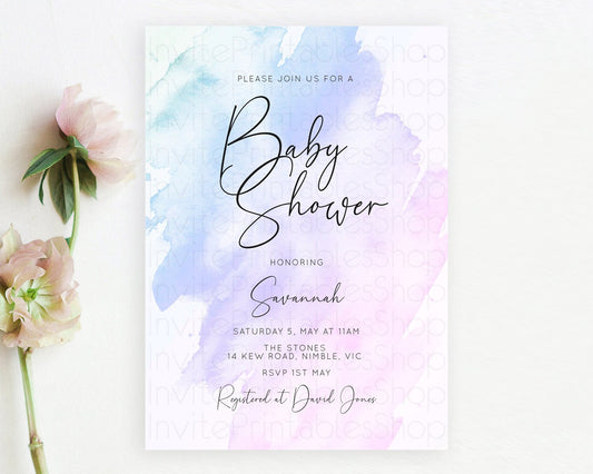 Purple Baby Shower Invitation Purple Watercolor Baby Shower Invitation Pastel Purple Watercolor Invitation Purple Splash Invitation D10165