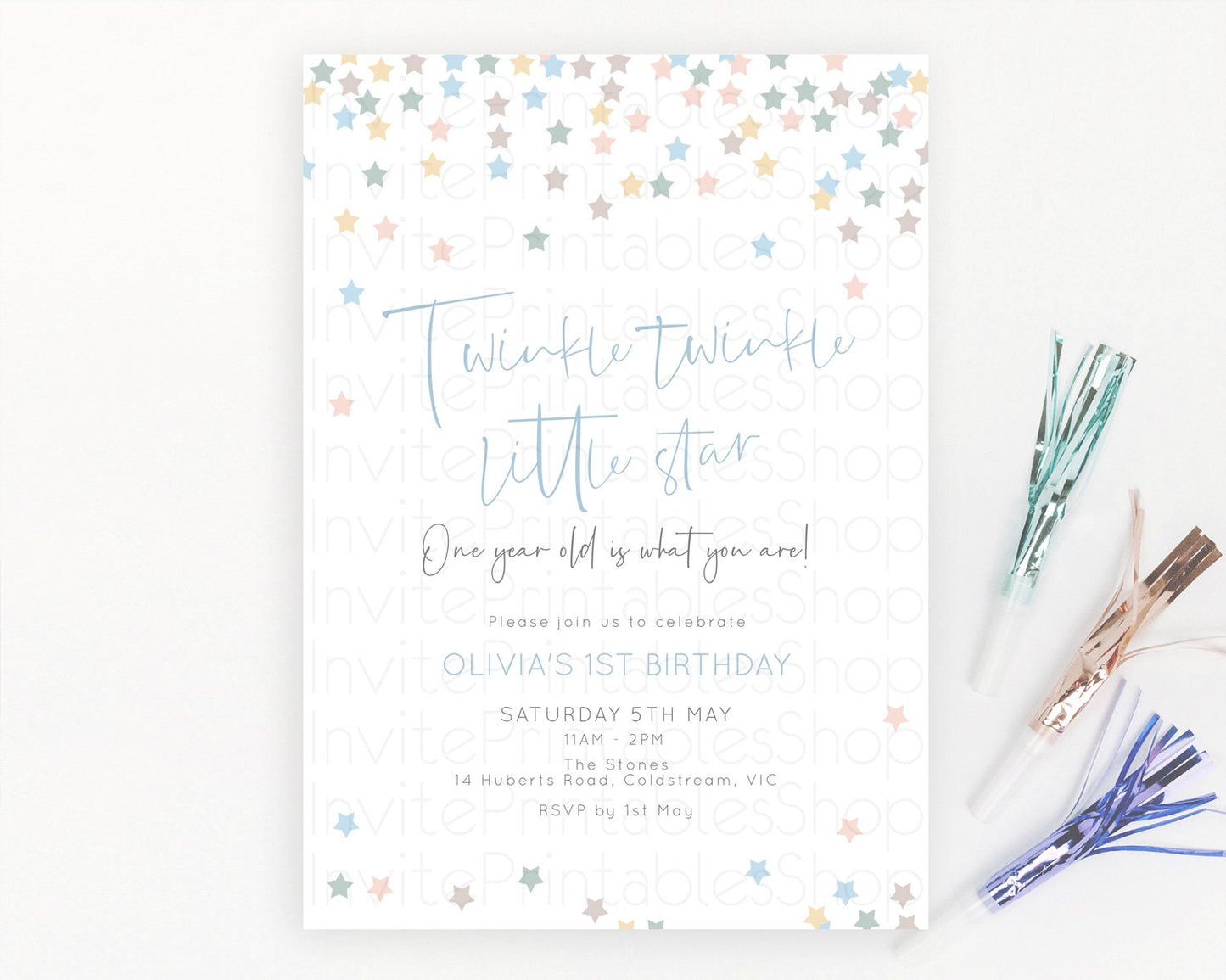 Star Birthday Invitation Pastel Stars Invite Shooting Star Party Rainbow Colorful Confetti Twinkle Little Star 2nd First Birthday D10795