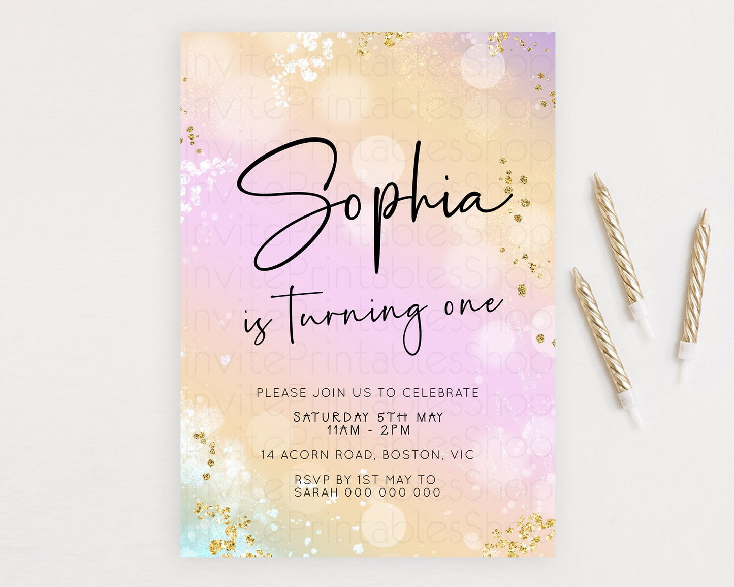 Pastel Birthday Invitation Ombre Watercolor Birthday Invitation Glitter Rainbow Color Splash 1st 2nd 3rd Birthday Invitation D23104