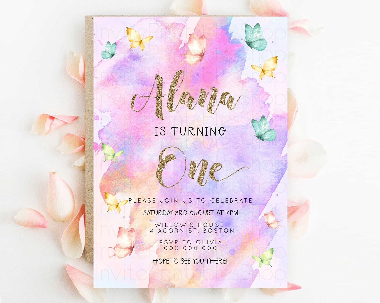 Pastel Butterfly Birthday Invitation Butterfly Birthday Invitation Colorful Splash Glitter Butterfly Garden 1st 2nd Birthday D23251