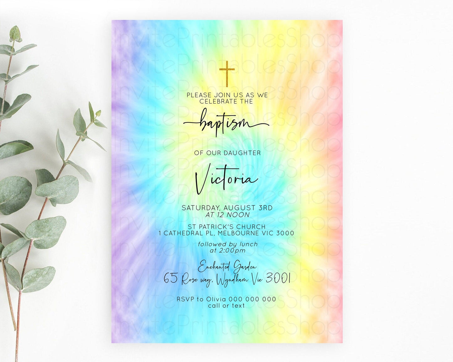 Tie Dye Baptism Invitation Rainbow Baptism 1st Birthday Invitation Pastel Ombre Colorful Christening Invitation Holy Communion D10578
