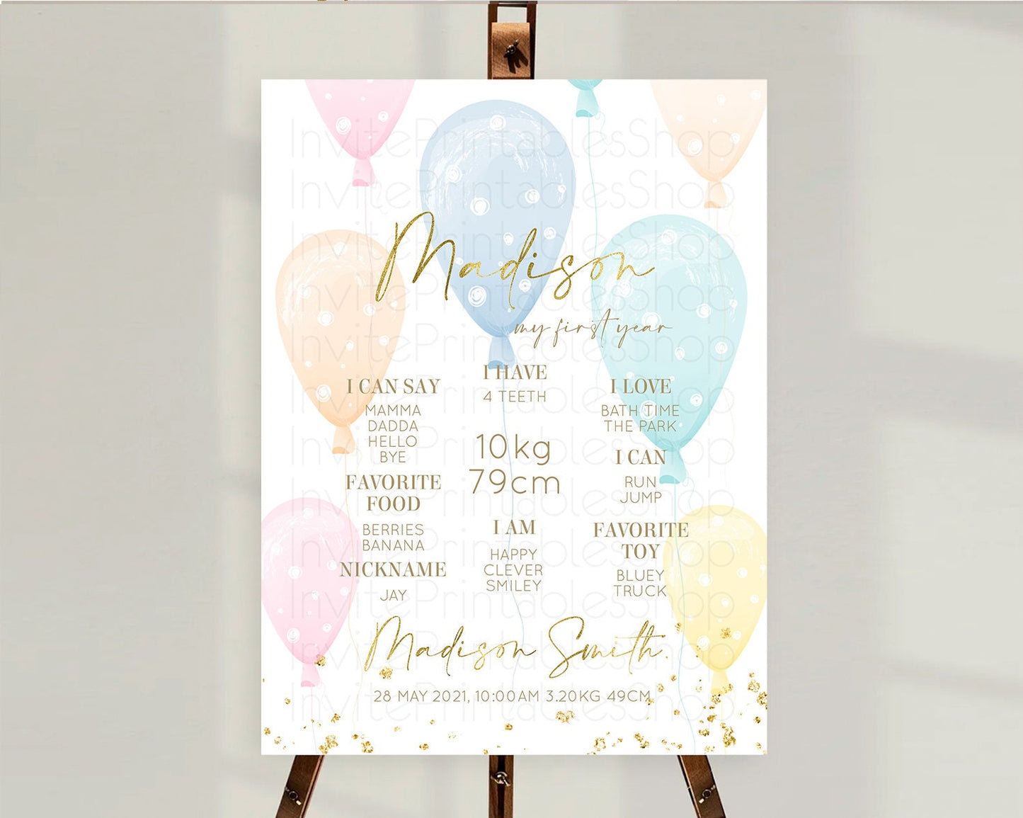 Pastel Balloons First Birthday Milestone Board Colorful Balloon Milestone Poster Rainbow Balloon Confetti 1st Birthday Welcome Sign D10182