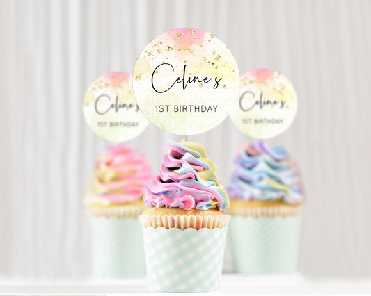 Editable Rainbow Cupcake Toppers Pastel Cupcake Toppers Colorful Pastel Wate