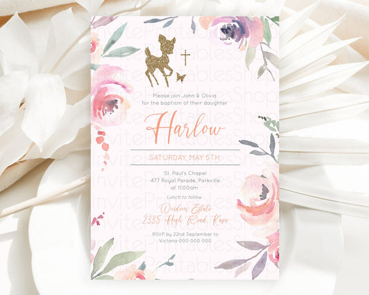 Editable Fawn Baptism Invitation Deer Baptism 1st Birthday Invitation Enchan