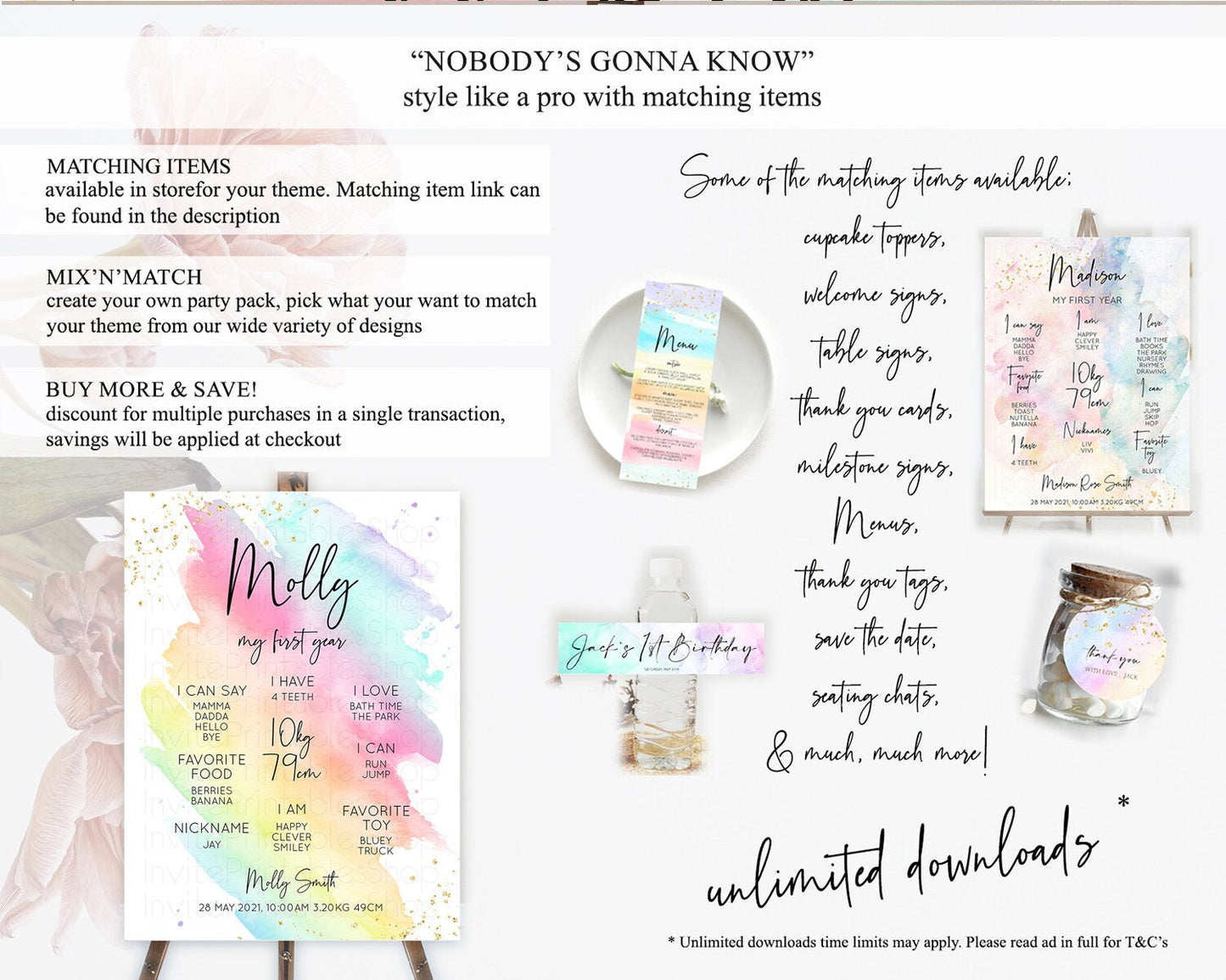 Pastel First Birthday Milestone Board Pastel Rainbow Milestone Poster Colorful Confetti Watercolor Glitter 1st Birthday Welcome Sign D10495
