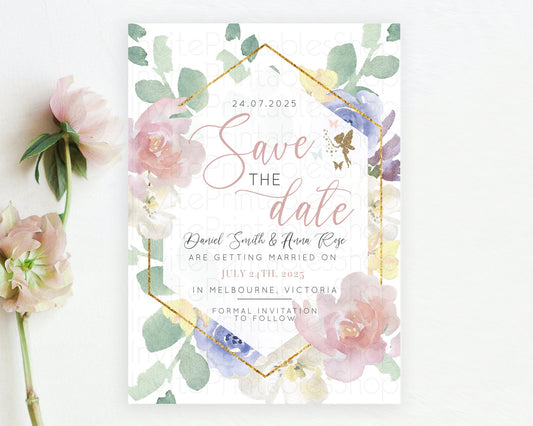 Editable Fairy Save The Date Template Enchanted Garden Pastel Floral Butterf