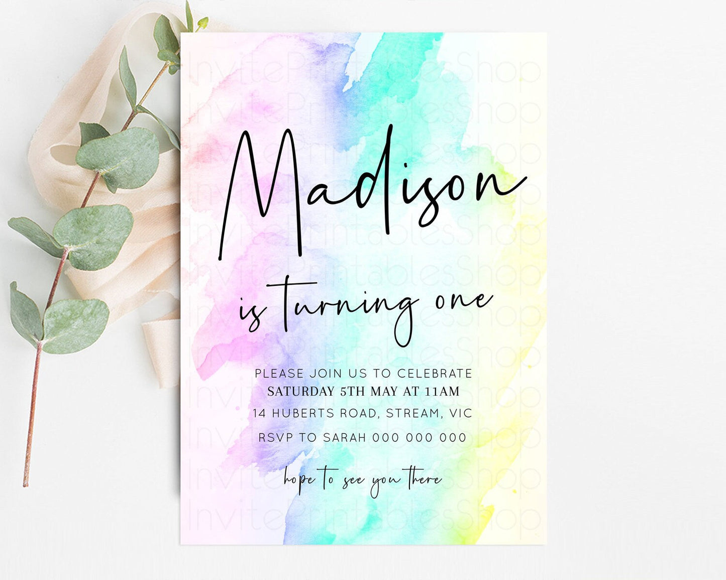 Rainbow Watercolor Birthday Invitation Pastel Rainbow Birthday Invite Ombre Colorful Invite Glitter Art Party Invitation 1st 2nd 3rd F210