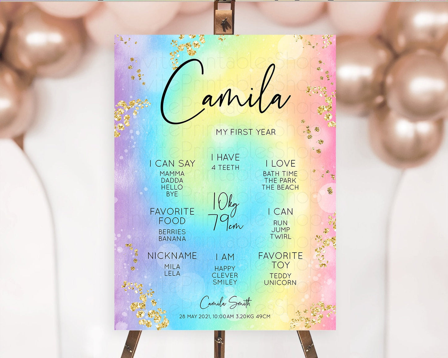 Pastel First Birthday Milestone Board Pastel Rainbow Milestone Poster Colorful Confetti Watercolor Glitter 1st Birthday Welcome Sign D10568