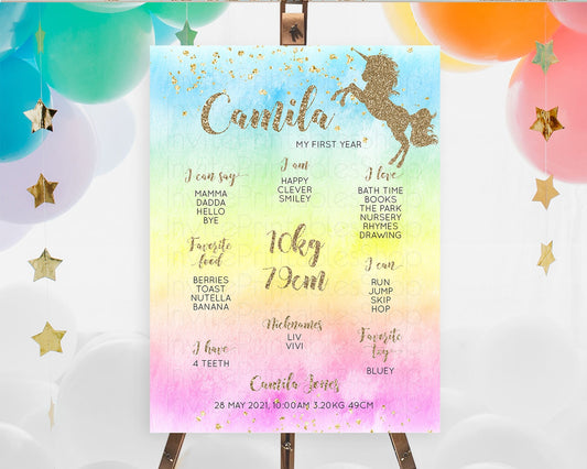 Unicorn Rainbow First Birthday Milestone Poster Pastel Milestone Board Magical Ombre Colorful Watercolor Glitter First Birthday Sign D10499