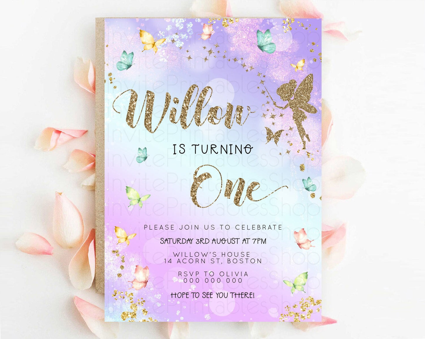 Pastel Fairy Birthday Invitation Pastel Butterflies Fairy Birthday Invitation Rainbow Ombre Watercolor 1st 2nd Birthday Invitation D23166