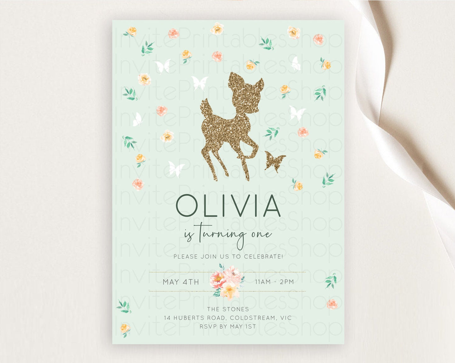 Fawn Birthday Invitation Deer Birthday Invitation Enchanted Forest Party Butterfly Pastel Flowers Whimsical 2nd 1st First Birthday D10385