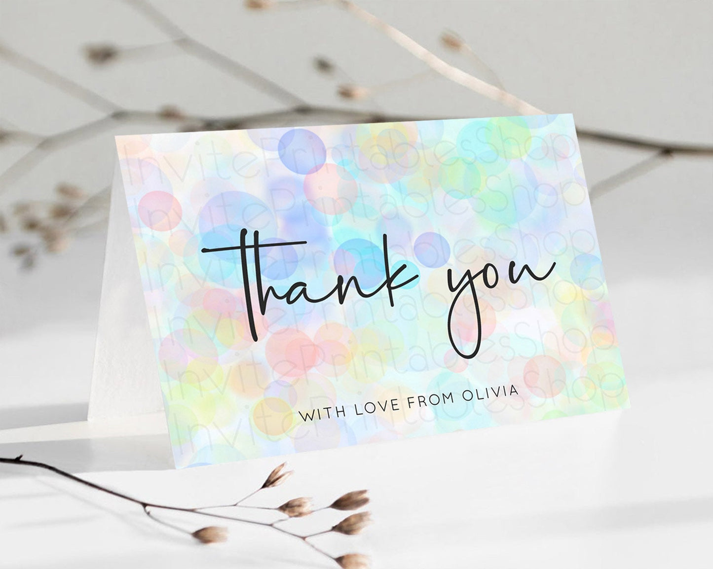 Pastel Thank You Bubbles Thank You Card Bubble Bath Birthday Thank You Card Rainbow Pastel Colorful Confetti Teacher Thank You Cards D10445