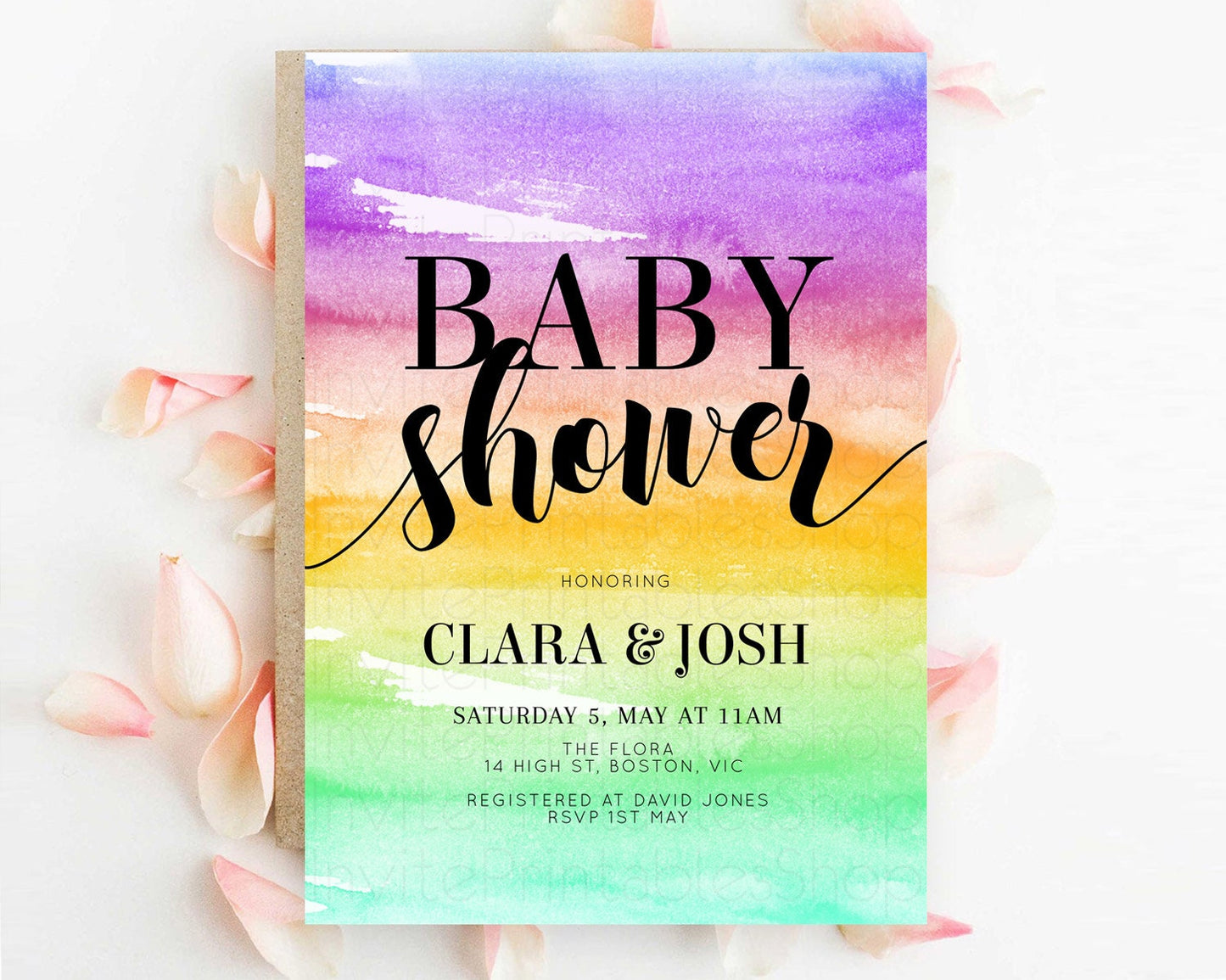 Pastel Baby Shower Invitation Rainbow Baby Shower Invitation Colorful Pastel Watercolor Invitation Gold Glitter Sprinkles Ombre D10524