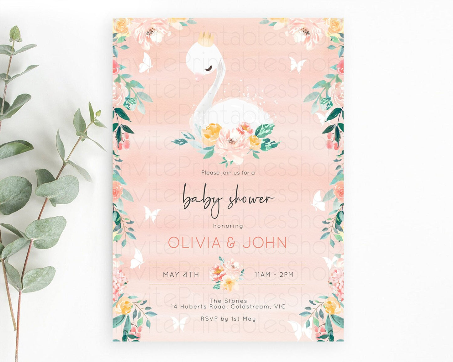 Swan Baby Shower Invitation, Swan Lake Princess Ballet, Secret Garden, Watercolor, Pastel Floral, Pink Orange Flowers, Butterflies D10884