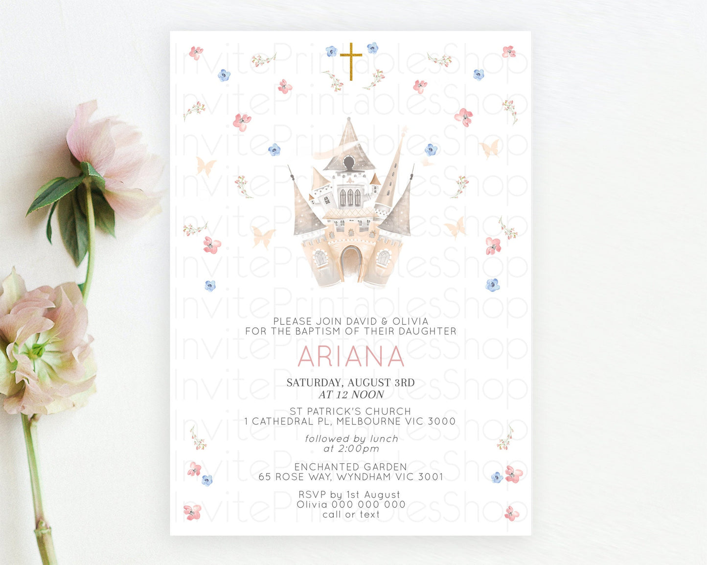 Princess Baptism Invitation Enchanted Castle Baptism 1st Birthday Invitation Royal Party Pastel Floral Secret Garden Christening D10364