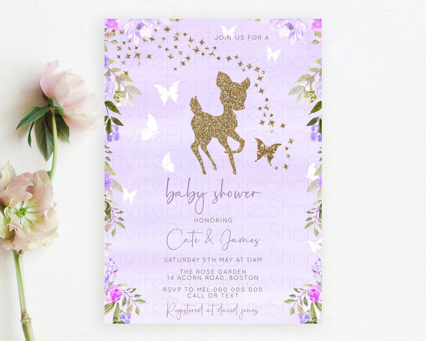 Fawn Baby Shower Invitation Deer Baby Shower Invites Enchanted Forest Theme Butterfly Pastel Flowers Whimsical Baby Shower D10963