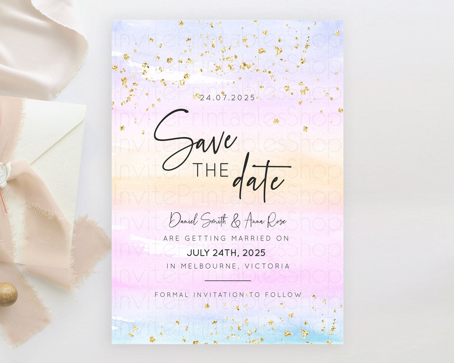 Pastel Save The Date Template Pastel Ombre Rainbow Watercolor Colorful Party For Birthday Baptism Baby Shower Wedding Bridal Shower D10594