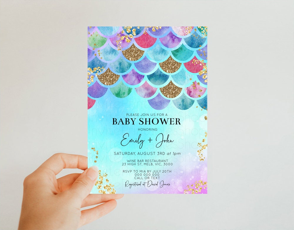 Mermaid Baby Shower Invitation Pastel Rainbow Baby Invite Under the Sea Colorful Watercolor Baby Shower Invite Glitter Sprinkles Invite 574