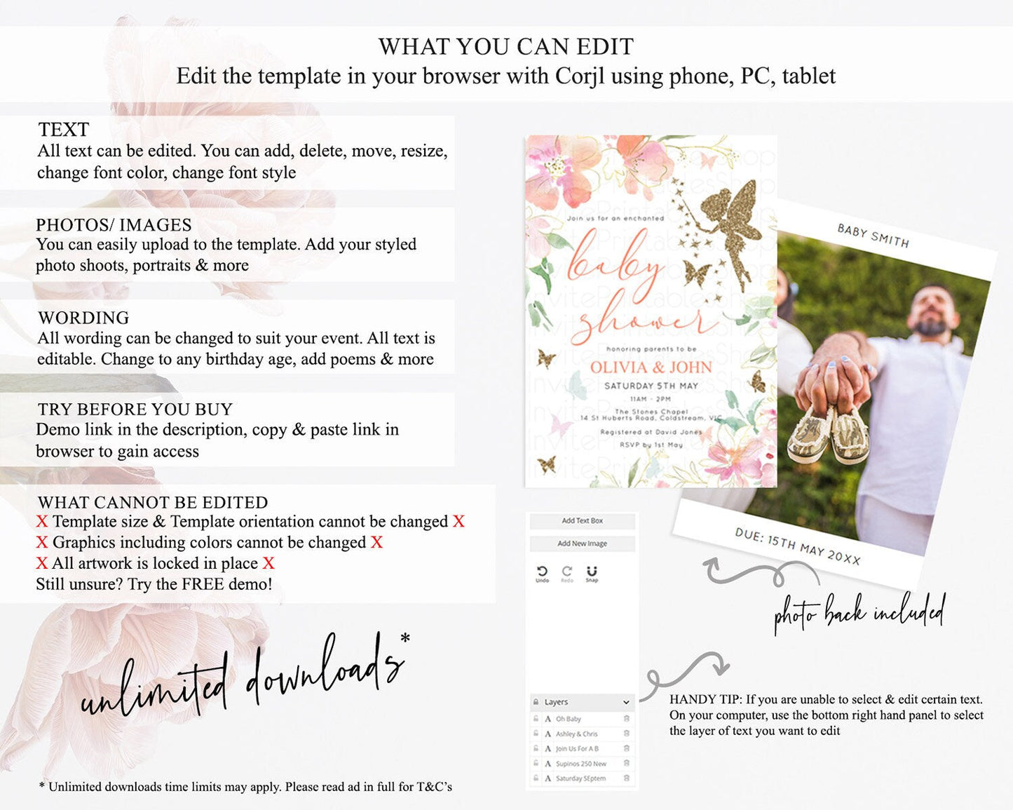 Fairy Baby Shower Invitation, Enchanted Fairy Garden, Tea Party, Secret Garden, Pastel Floral Butterflies, Pink Flowers, Gold Accents D10934