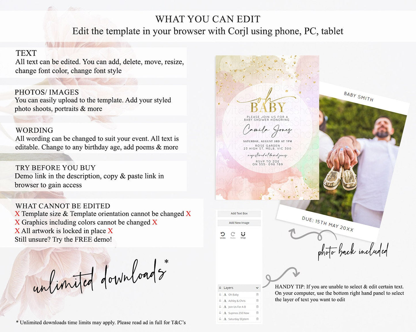 Pastel Rainbow Baby Shower Invitation, Colorful Watercolor with Gold Glitter Sprinkles and Ombre Clouds in Pink, Gold, and Green D10627