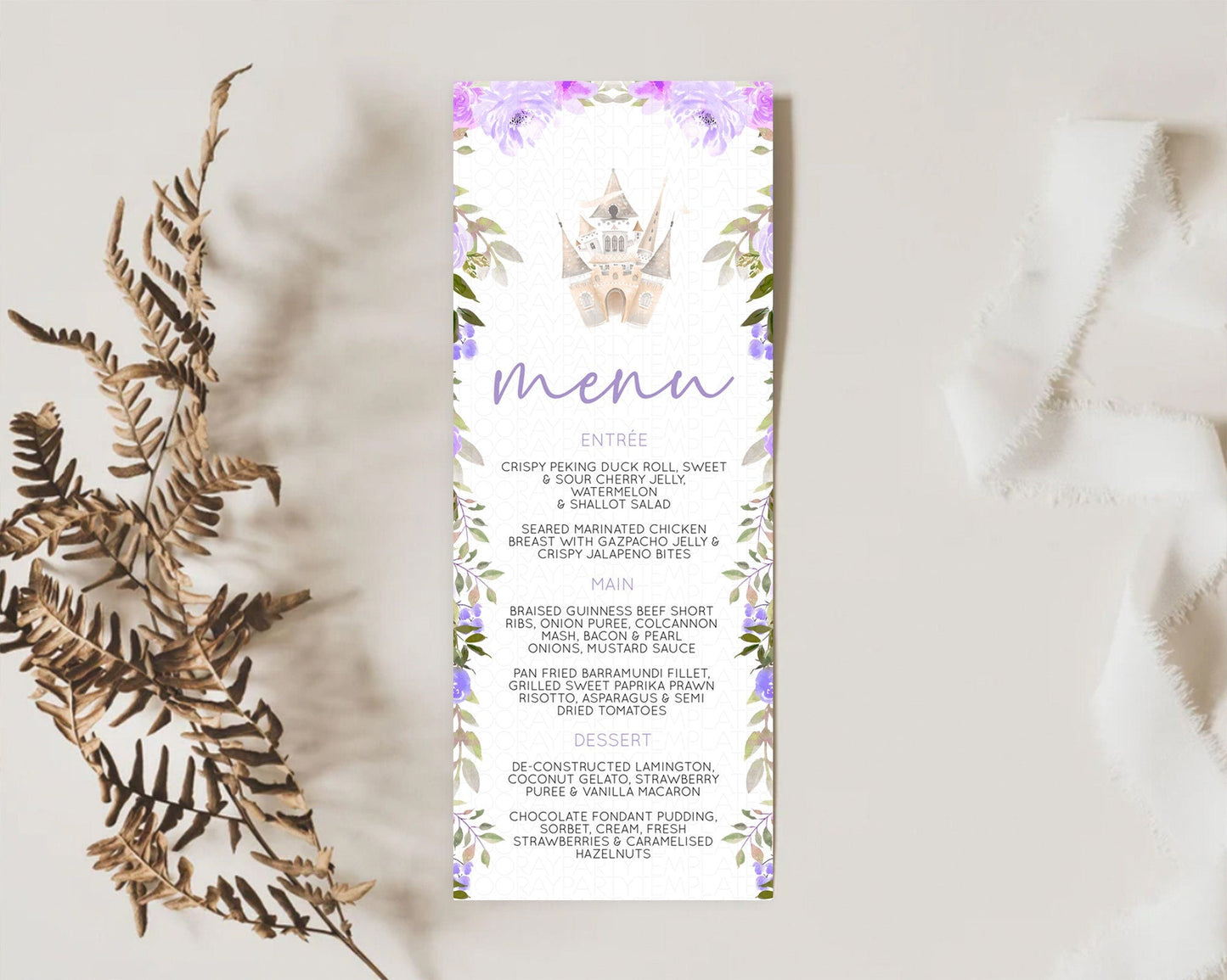 Princess Menu Castle Menu Template Secret Garden Table Decor Enchanted Castle Pastel Floral Dinner Dessert Menu Princess Food Menu D10339