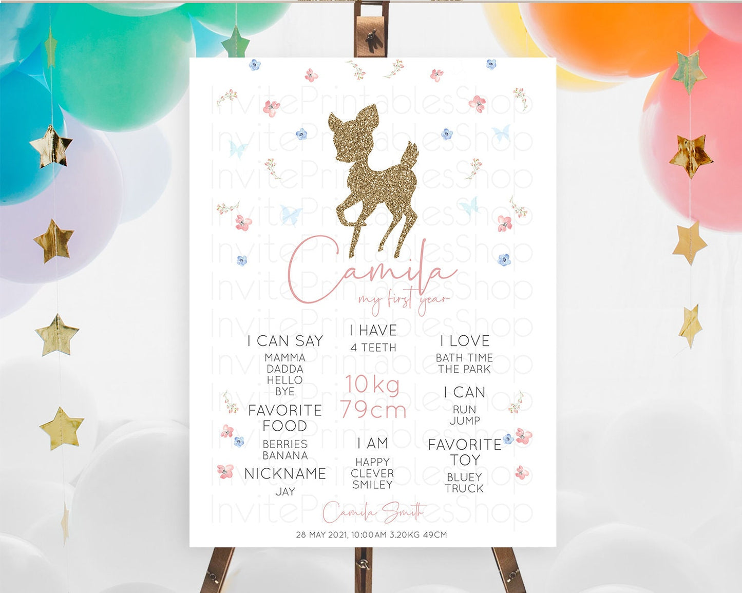 Fawn First Birthday Milestone Board Deer First Birthday Milestone Poster Enchanted Forest Butterfly Pastel Flowers 1st Birthday Sign D10359