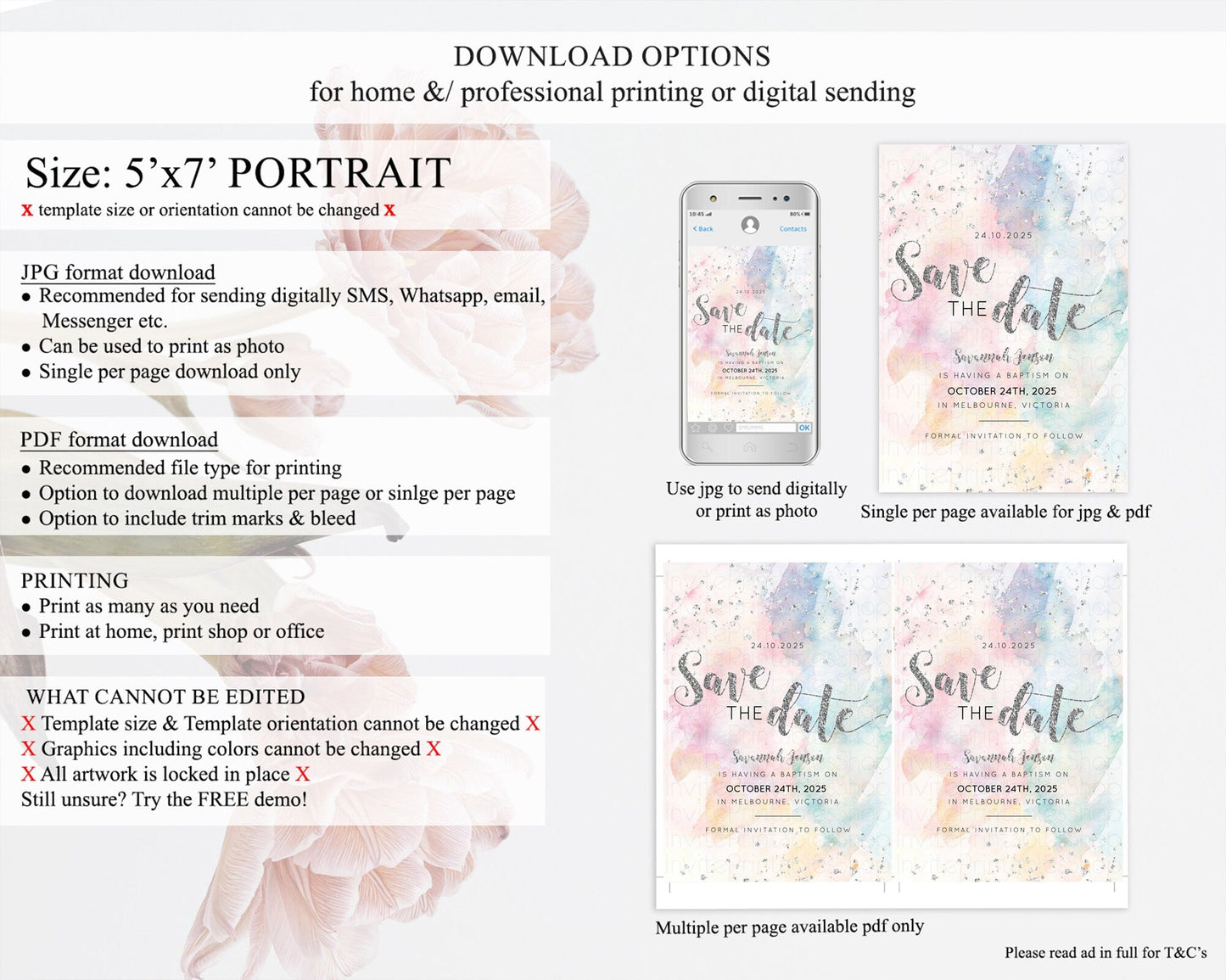 Pastel Silver Save The Date Template Rainbow Colorful Ombre Colorful Watercolor Party 1st Birthday Baptism Baby Shower Bridal Shower D10944