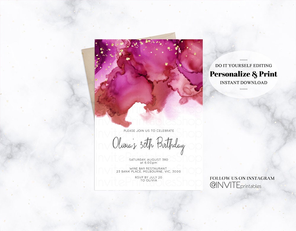 Pink Birthday Invitation Jewel Oil Acrylic Watercolor Ink Splash Gold Foil Splatter Sprinkles Water Marble Stone Printable Custom Template