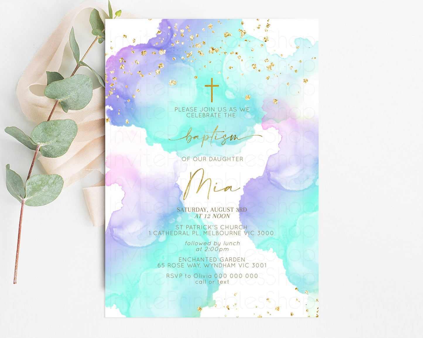 Blue Purple Baptism invitation Pastel Rainbow Christening Invite Ombre Clouds Watercolor Invite Glitter Gold Cross Religious Invite 191