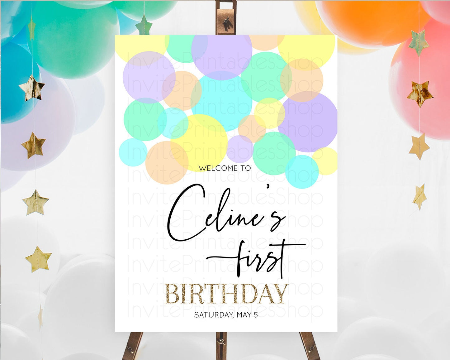 Rainbow Welcome Sign Pastel Welcome Board Pastel Rainbow Confetti Welcome Sign Colorful Bubbles Pastel First Birthday Welcome Sign D10415