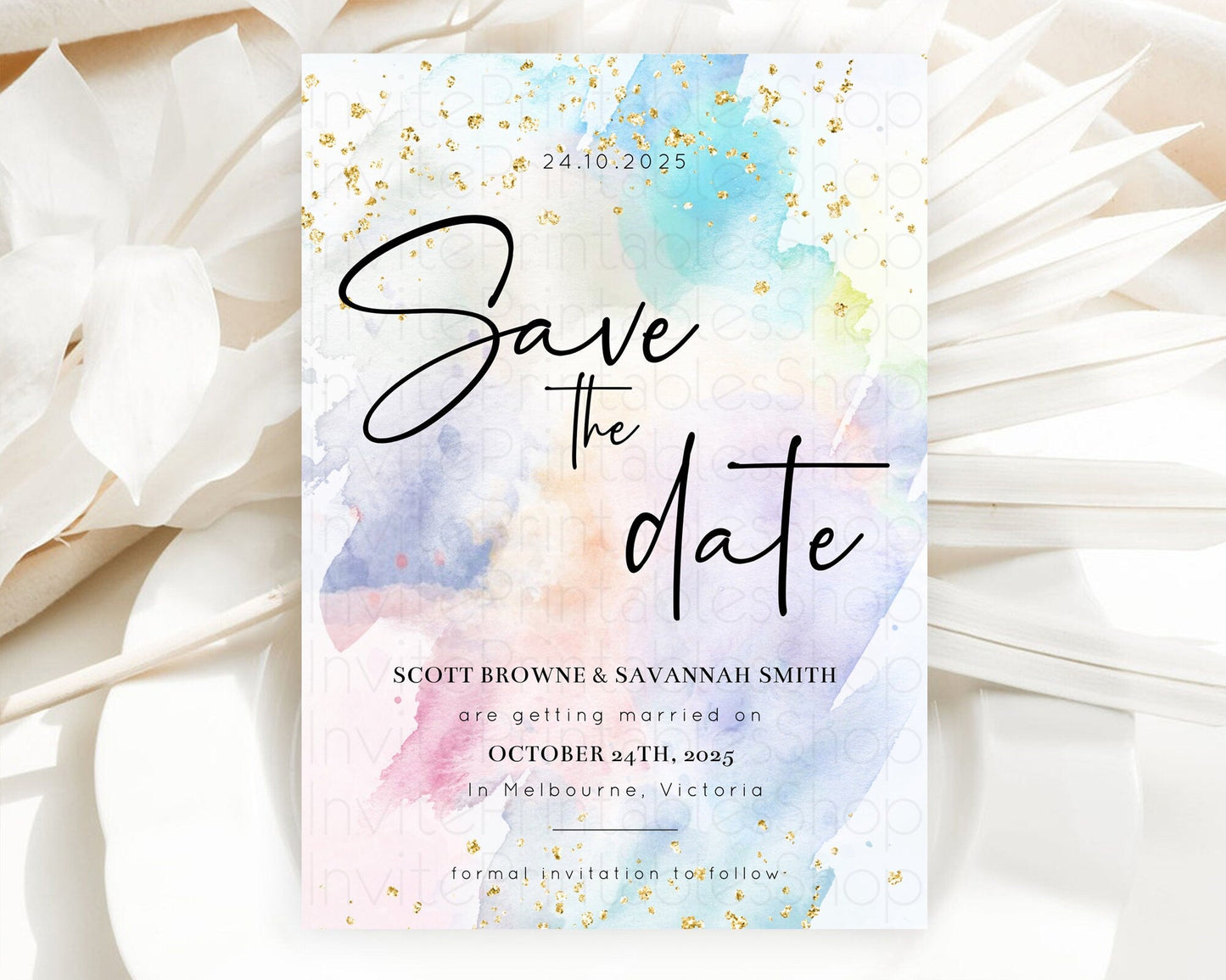 Pastel Save The Date Template Pastel Ombre Rainbow Watercolor Colorful Party For Birthday Baptism Baby Shower Wedding Bridal Shower D10422