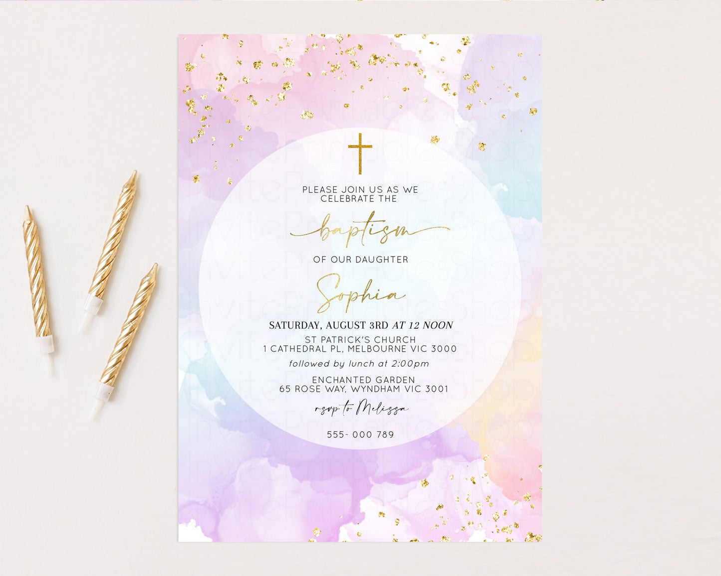 Rainbow Baptism Invitation Pastel Christening Invitation Holy Communion Invitation Glitter Watercolor Splash Invitation Colorful 599v1