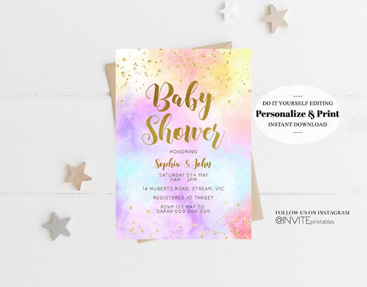 Rainbow Baby Shower Invitation Watercolor Pastel Invitation Colorful Splash Baby Shower Invite Gold Glitter Sprinkles Ombre Invite D10435