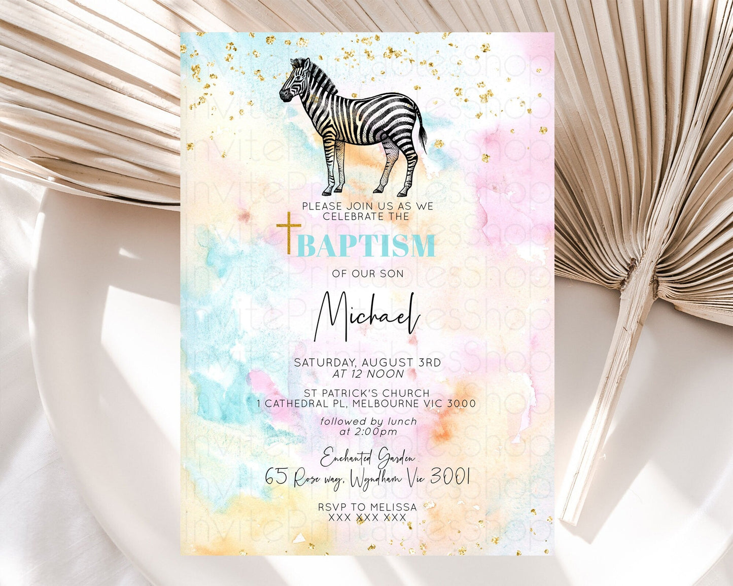 Pastel Zebra Baptism Invitation Watercolor Zebra Baptism 1st Birthday Invitation Rainbow Zebra Christening Invite Colorful Safari D10281